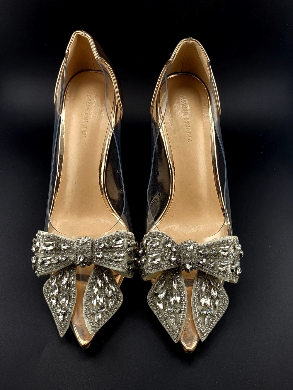 Amina Muaddi Nude Clear Pointed Pumps with Crystal Bow Size 7 US 37 Italy